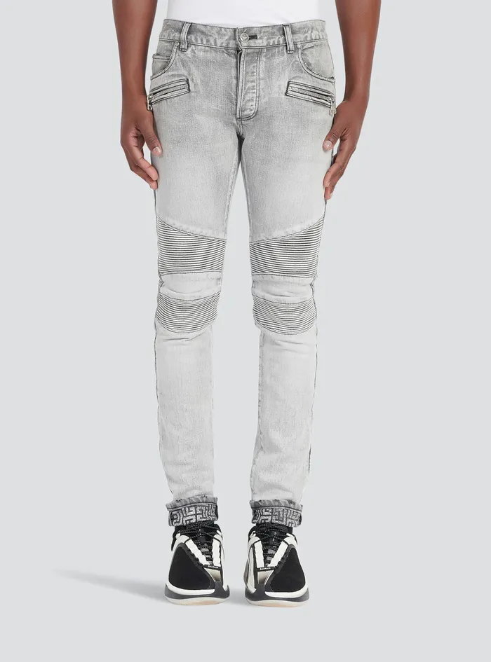 Balmain Denim Mens Slim Cut Faded And Ridged Light Gray Cotton Jeans With Balmain Monogram On Hem Grey Balmain Denim Mens Slim Cut Faded And Ridged Light Gray Cotton Jeans With Balmain Monogram On Hem Grey