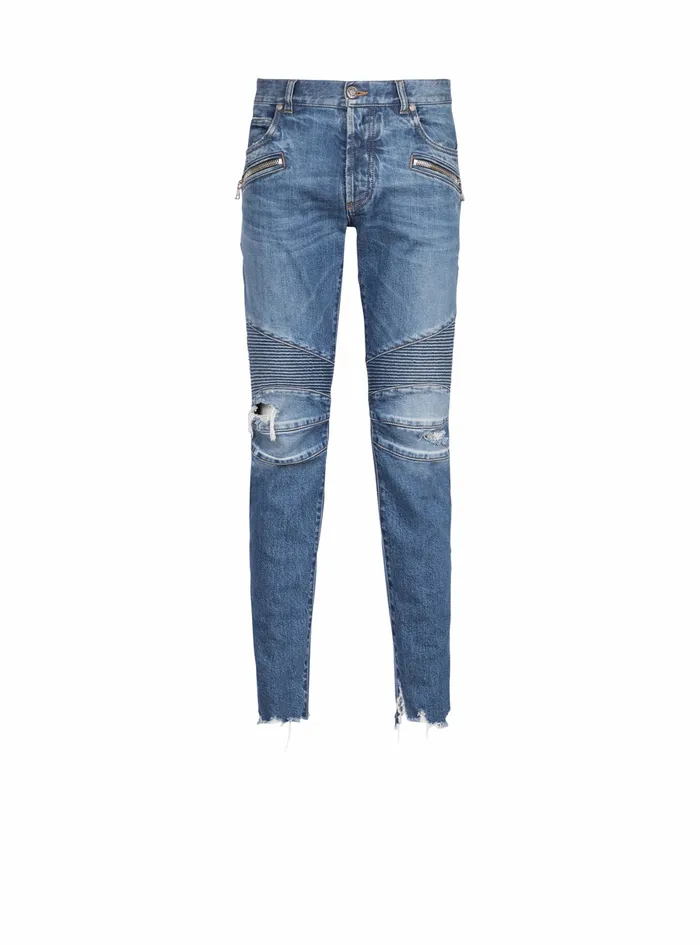 Balmain Denim Mens Slim Cut Ribbed Cotton Jeans Blue