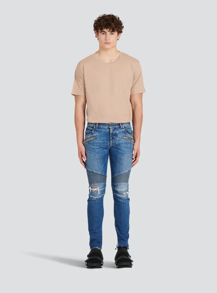 Balmain Denim Mens Slim Cut Ribbed Cotton Jeans Blue Balmain Denim Mens Slim Cut Ribbed Cotton Jeans Blue