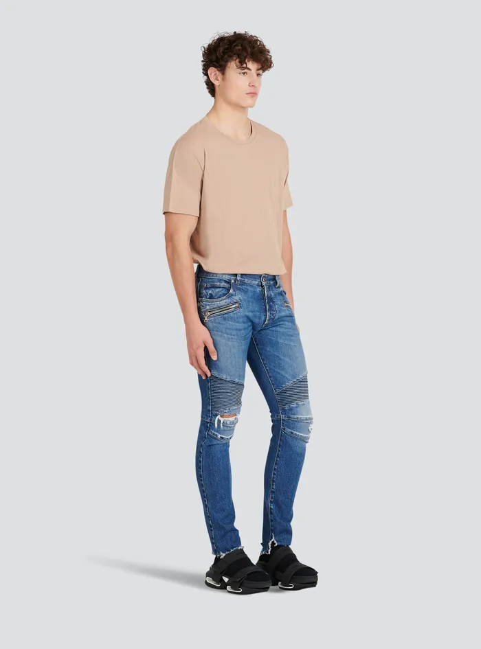 Balmain Denim Mens Slim Cut Ribbed Cotton Jeans Blue Balmain Denim Mens Slim Cut Ribbed Cotton Jeans Blue