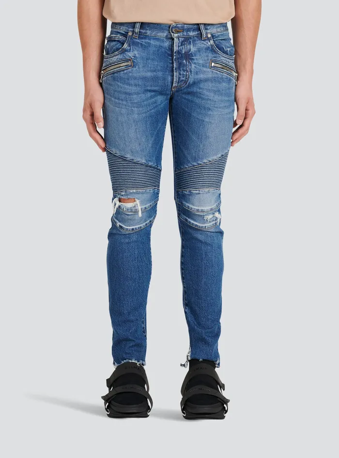 Balmain Denim Mens Slim Cut Ribbed Cotton Jeans Blue Balmain Denim Mens Slim Cut Ribbed Cotton Jeans Blue