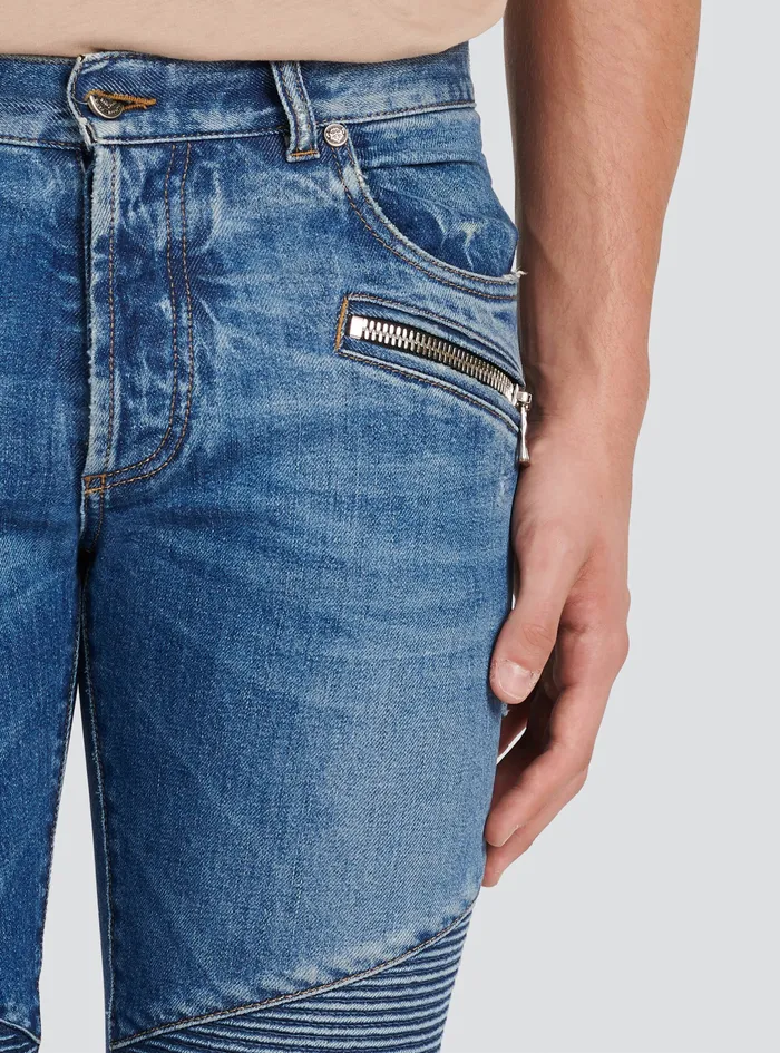 Balmain Denim Mens Slim Cut Ribbed Cotton Jeans Blue Balmain Denim Mens Slim Cut Ribbed Cotton Jeans Blue