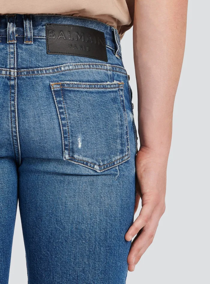 Balmain Denim Mens Slim Cut Ribbed Cotton Jeans Blue Balmain Denim Mens Slim Cut Ribbed Cotton Jeans Blue