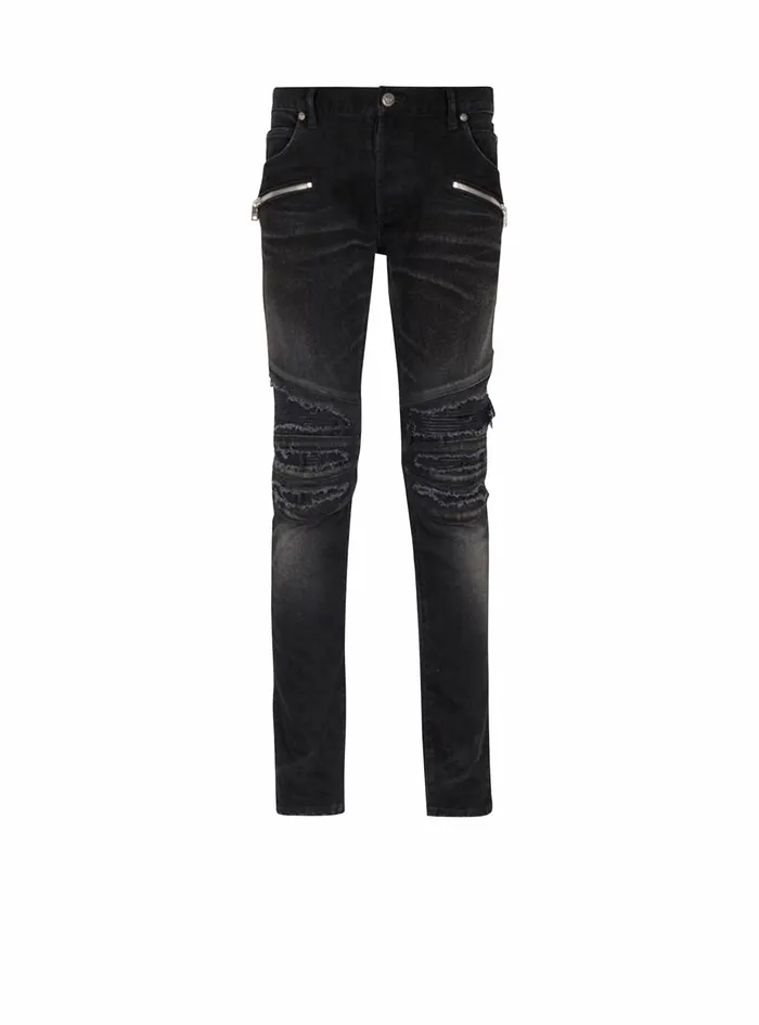 Balmain Denim Mens Slim Cut Ripped Cotton Jeans Black