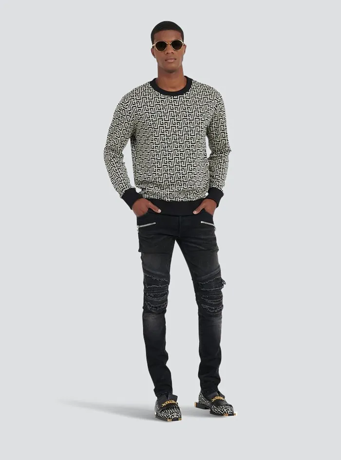 Balmain Denim Mens Slim Cut Ripped Cotton Jeans Black Balmain Denim Mens Slim Cut Ripped Cotton Jeans Black