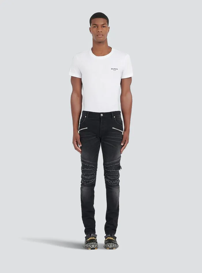 Balmain Denim Mens Slim Cut Ripped Cotton Jeans Black Balmain Denim Mens Slim Cut Ripped Cotton Jeans Black