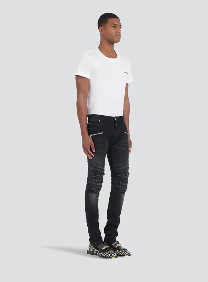 Balmain Denim Mens Slim Cut Ripped Cotton Jeans Black Balmain Denim Mens Slim Cut Ripped Cotton Jeans Black