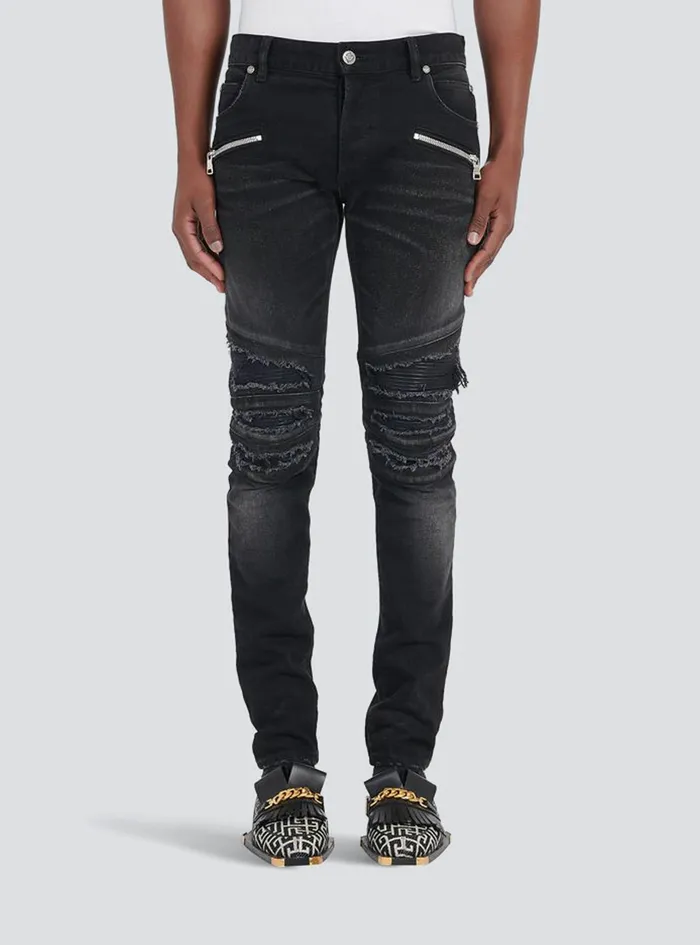 Balmain Denim Mens Slim Cut Ripped Cotton Jeans Black Balmain Denim Mens Slim Cut Ripped Cotton Jeans Black