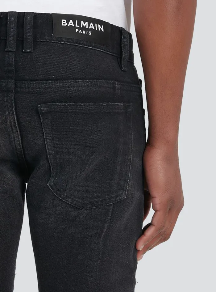 Balmain Denim Mens Slim Cut Ripped Cotton Jeans Black Balmain Denim Mens Slim Cut Ripped Cotton Jeans Black