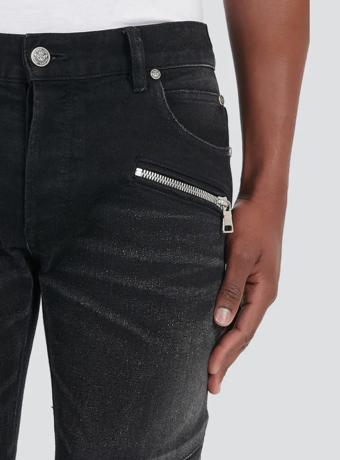 Balmain Denim Mens Slim Cut Ripped Cotton Jeans Black Balmain Denim Mens Slim Cut Ripped Cotton Jeans Black