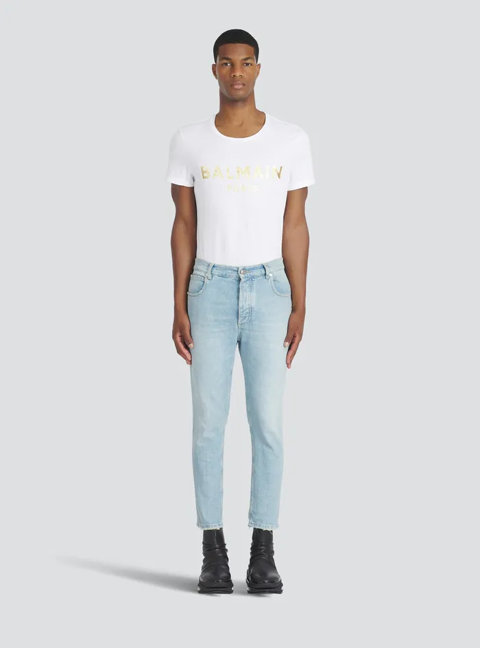 Balmain Denim Mens Slim CutecoDesigned Denim Cotton Jeans With Embossed Balmain Logo Blue Balmain Denim Mens Slim CutecoDesigned Denim Cotton Jeans With Embossed Balmain Logo Blue