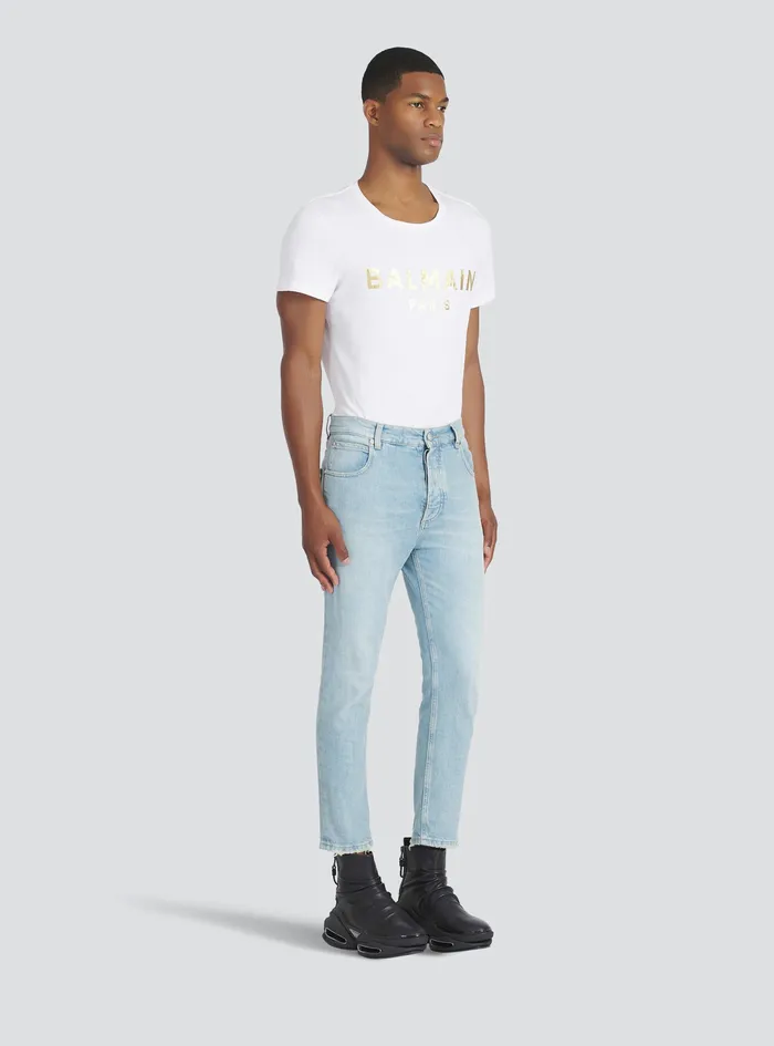 Balmain Denim Mens Slim CutecoDesigned Denim Cotton Jeans With Embossed Balmain Logo Blue Balmain Denim Mens Slim CutecoDesigned Denim Cotton Jeans With Embossed Balmain Logo Blue