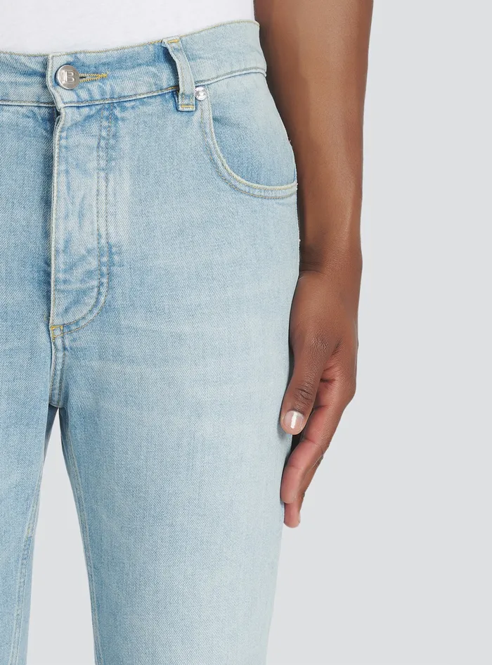 Balmain Denim Mens Slim CutecoDesigned Denim Cotton Jeans With Embossed Balmain Logo Blue Balmain Denim Mens Slim CutecoDesigned Denim Cotton Jeans With Embossed Balmain Logo Blue