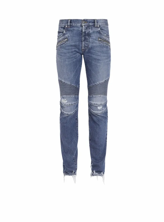 Balmain Denim Mens Tapered Ripped Blue Cotton Jeans Blue