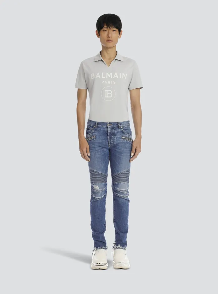 Balmain Denim Mens Tapered Ripped Blue Cotton Jeans Blue Balmain Denim Mens Tapered Ripped Blue Cotton Jeans Blue