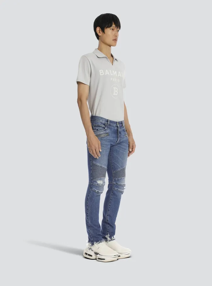 Balmain Denim Mens Tapered Ripped Blue Cotton Jeans Blue Balmain Denim Mens Tapered Ripped Blue Cotton Jeans Blue