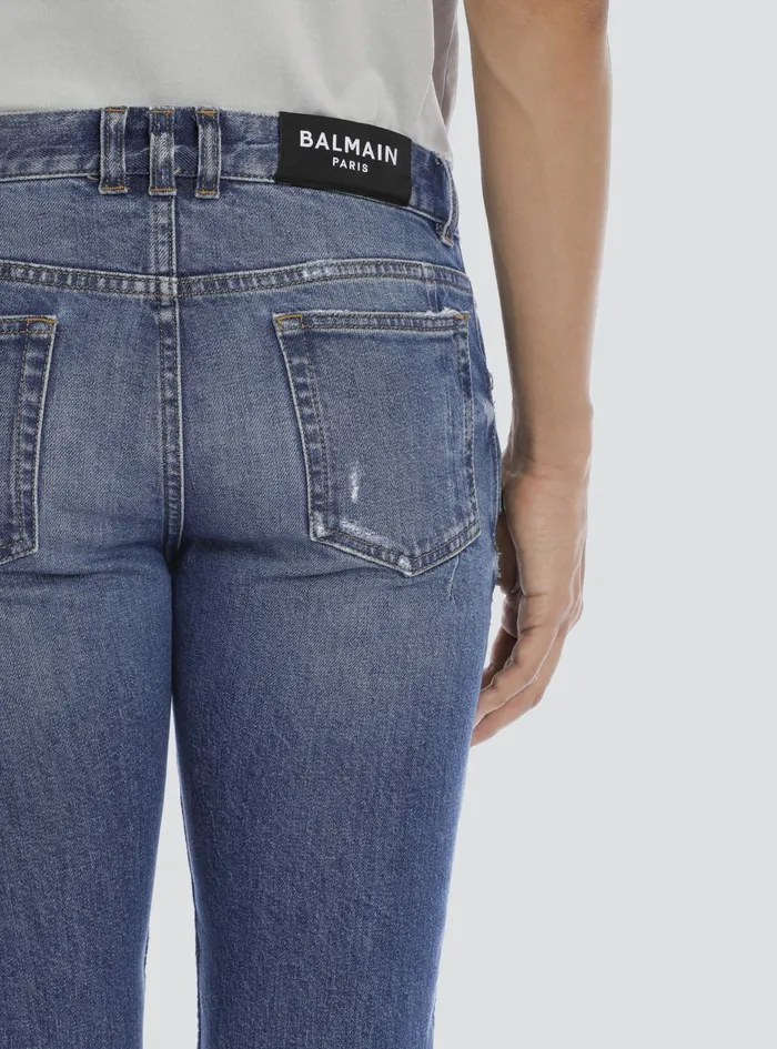 Balmain Denim Mens Tapered Ripped Blue Cotton Jeans Blue Balmain Denim Mens Tapered Ripped Blue Cotton Jeans Blue