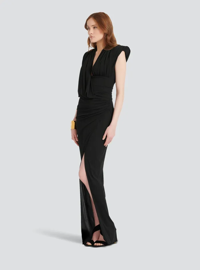 Balmain Dresses Womens Long Draped Jersey Dress Black Balmain Dresses Womens Long Draped Jersey Dress Black