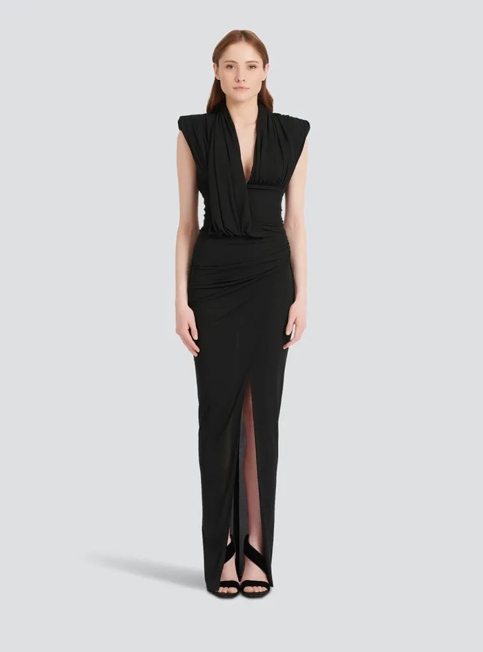 Balmain Dresses Womens Long Draped Jersey Dress Black Balmain Dresses Womens Long Draped Jersey Dress Black