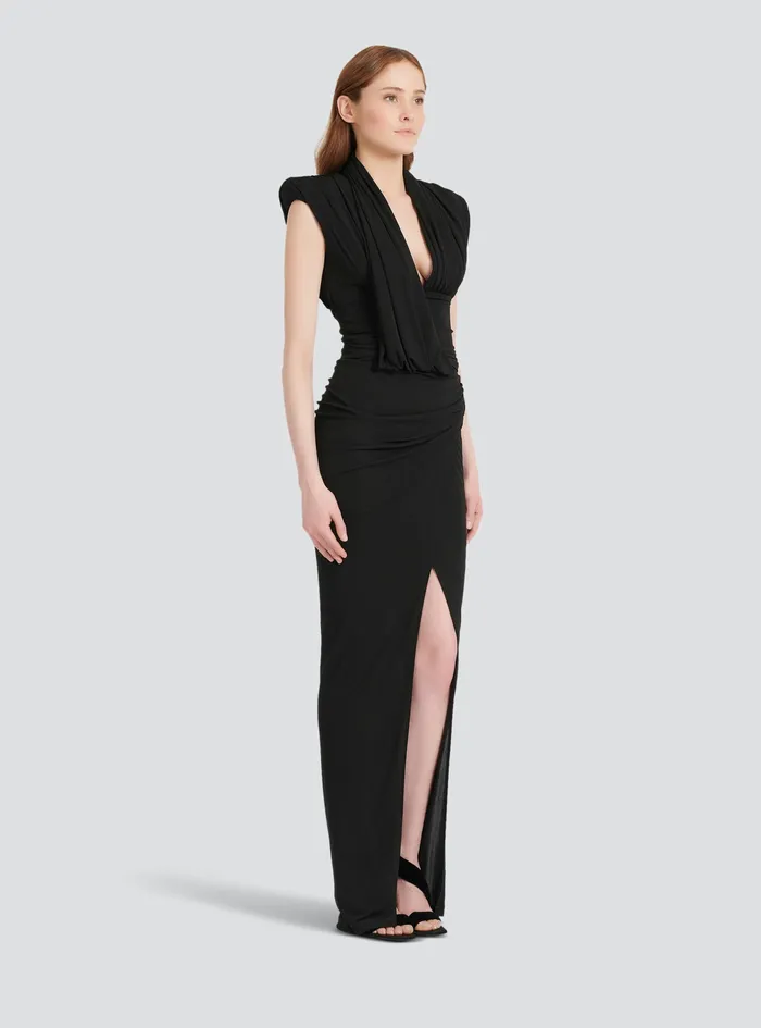 Balmain Dresses Womens Long Draped Jersey Dress Black Balmain Dresses Womens Long Draped Jersey Dress Black