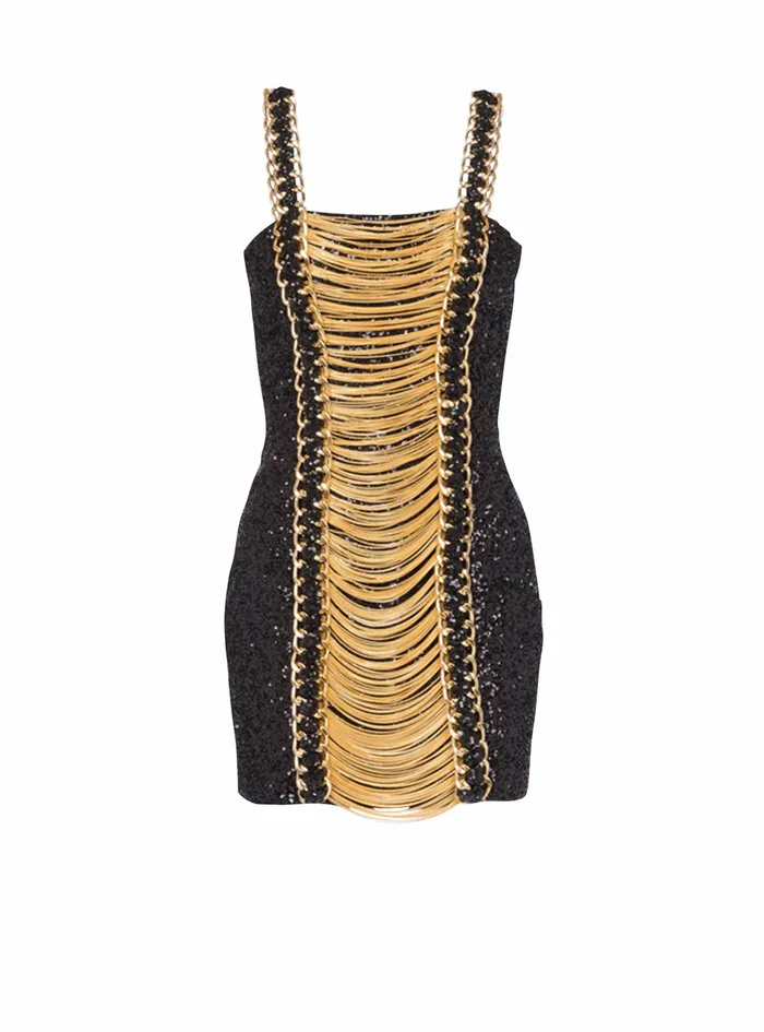 Balmain Dresses Womens Sequined Short Dress With Chain Straped Black