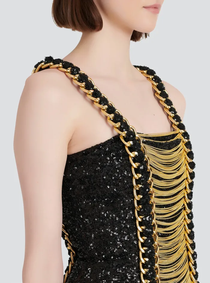 Balmain Dresses Womens Sequined Short Dress With Chain Straped Black