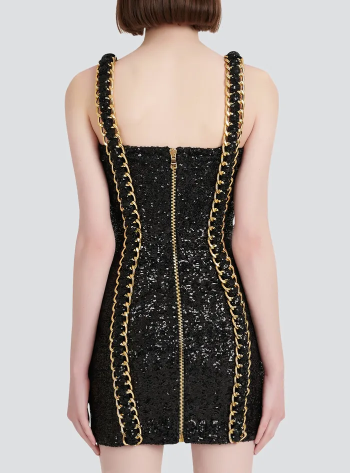Balmain Dresses Womens Sequined Short Dress With Chain Straped Black