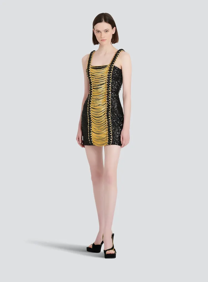 Balmain Dresses Womens Sequined Short Dress With Chain Straped Black