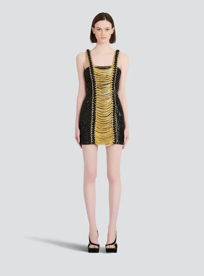 Balmain Dresses Womens Sequined Short Dress With Chain Straped Black