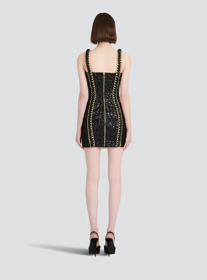 Balmain Dresses Womens Sequined Short Dress With Chain Straped Black