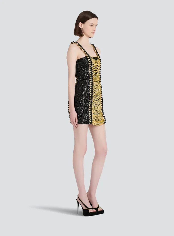 Balmain Dresses Womens Sequined Short Dress With Chain Straped Black