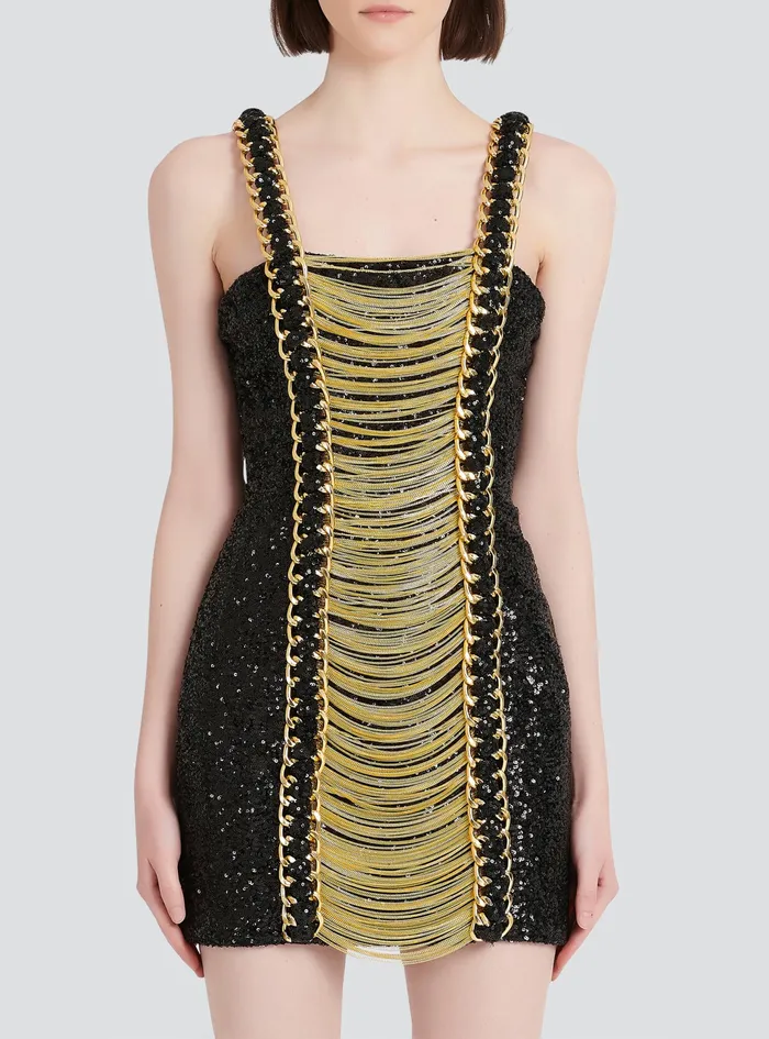 Balmain Dresses Womens Sequined Short Dress With Chain Straped Black