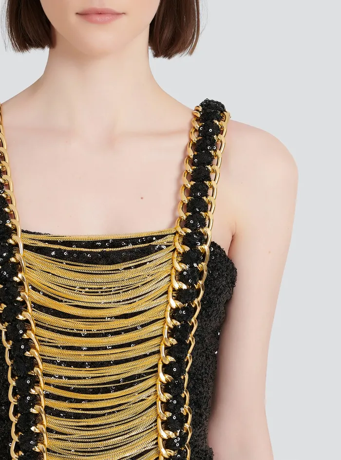 Balmain Dresses Womens Sequined Short Dress With Chain Straped Black