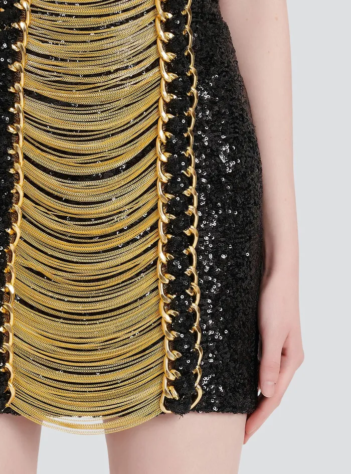 Balmain Dresses Womens Sequined Short Dress With Chain Straped Black