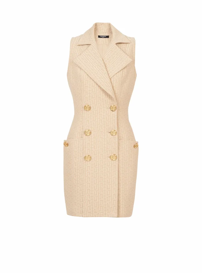 Balmain Dresses Womens Short Balmain Monogram Jacquard Dress With GoldTone DoubleButtoned Fastening Beige Balmain Dresses Womens Short Balmain Monogram Jacquard Dress With GoldTone DoubleButtoned Fastening Beige