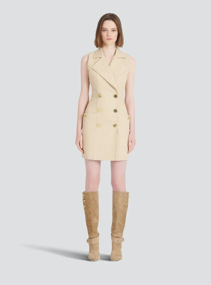Balmain Dresses Womens Short Balmain Monogram Jacquard Dress With GoldTone DoubleButtoned Fastening Beige Balmain Dresses Womens Short Balmain Monogram Jacquard Dress With GoldTone DoubleButtoned Fastening Beige