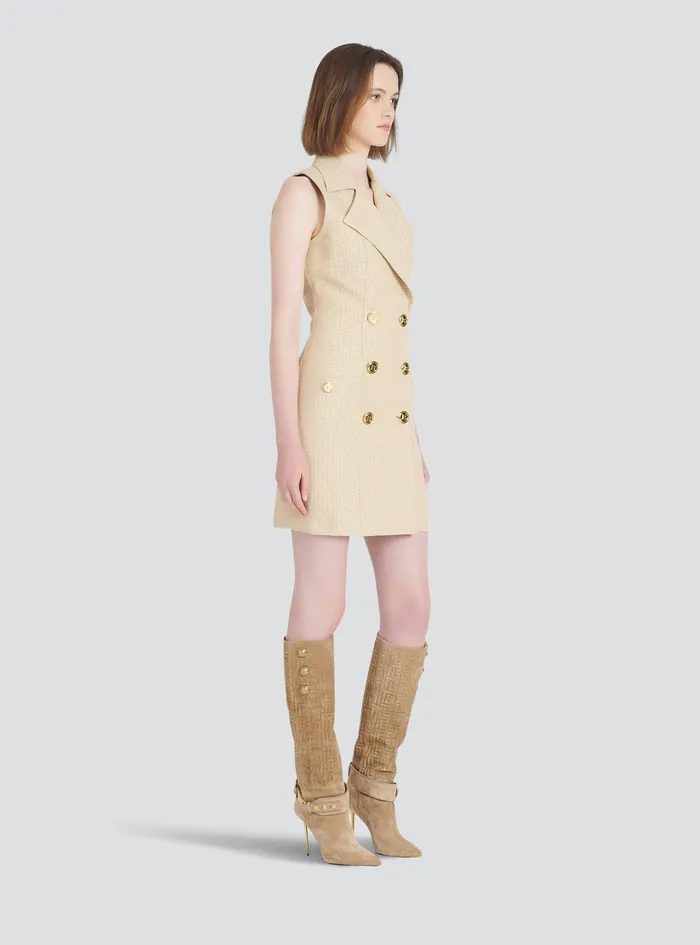 Balmain Dresses Womens Short Balmain Monogram Jacquard Dress With GoldTone DoubleButtoned Fastening Beige Balmain Dresses Womens Short Balmain Monogram Jacquard Dress With GoldTone DoubleButtoned Fastening Beige