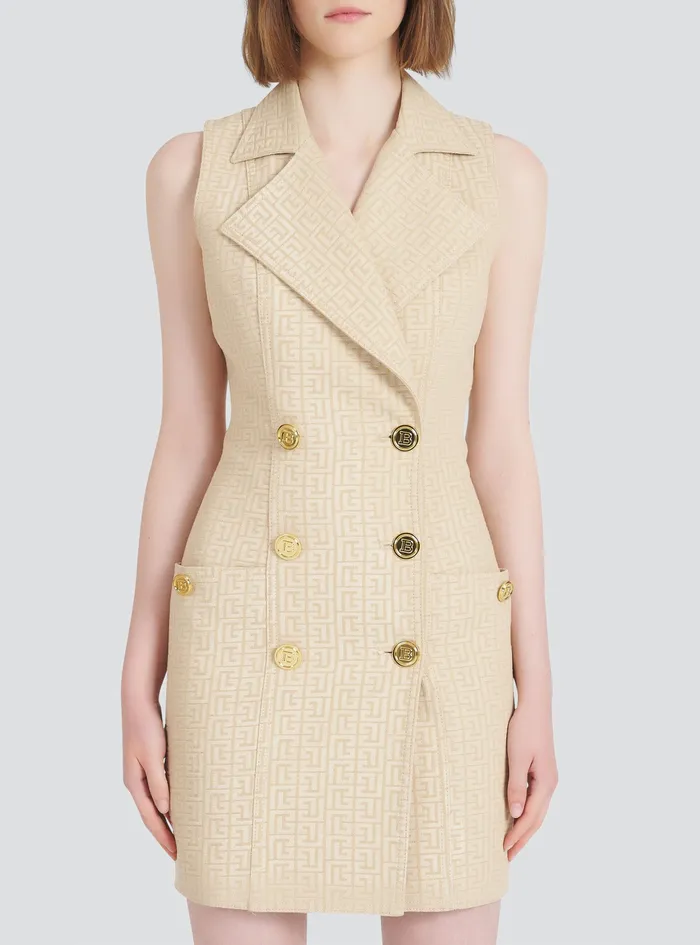 Balmain Dresses Womens Short Balmain Monogram Jacquard Dress With GoldTone DoubleButtoned Fastening Beige Balmain Dresses Womens Short Balmain Monogram Jacquard Dress With GoldTone DoubleButtoned Fastening Beige