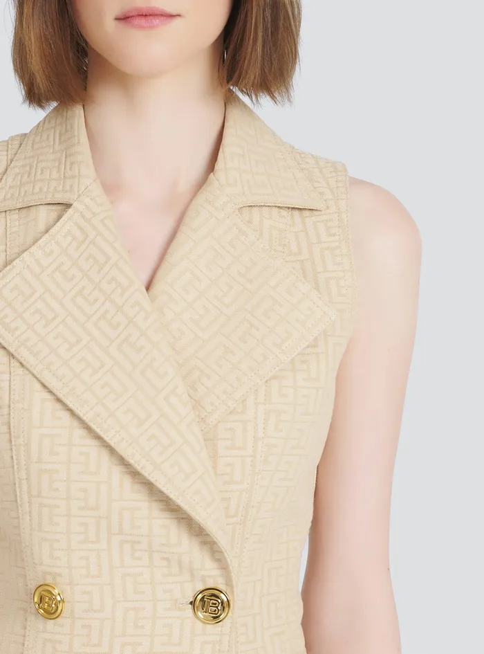 Balmain Dresses Womens Short Balmain Monogram Jacquard Dress With GoldTone DoubleButtoned Fastening Beige Balmain Dresses Womens Short Balmain Monogram Jacquard Dress With GoldTone DoubleButtoned Fastening Beige