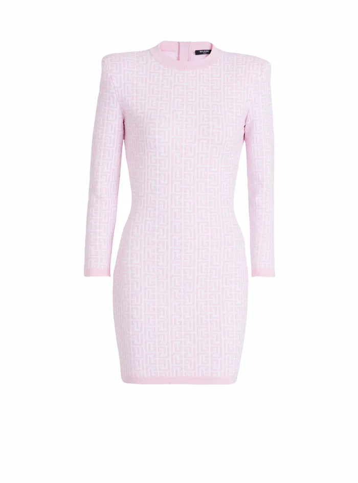 Balmain Dresses Womens Short Bicolor Jacquard Knit Dress With Balmain Monogram Pink Balmain Dresses Womens Short Bicolor Jacquard Knit Dress With Balmain Monogram Pink