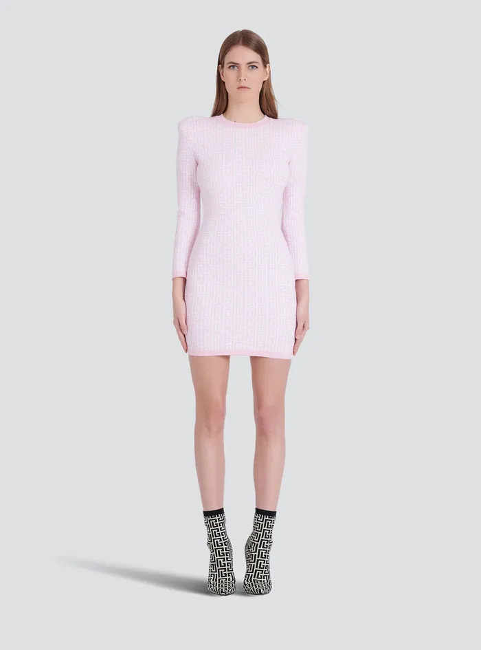 Balmain Dresses Womens Short Bicolor Jacquard Knit Dress With Balmain Monogram Pink Balmain Dresses Womens Short Bicolor Jacquard Knit Dress With Balmain Monogram Pink