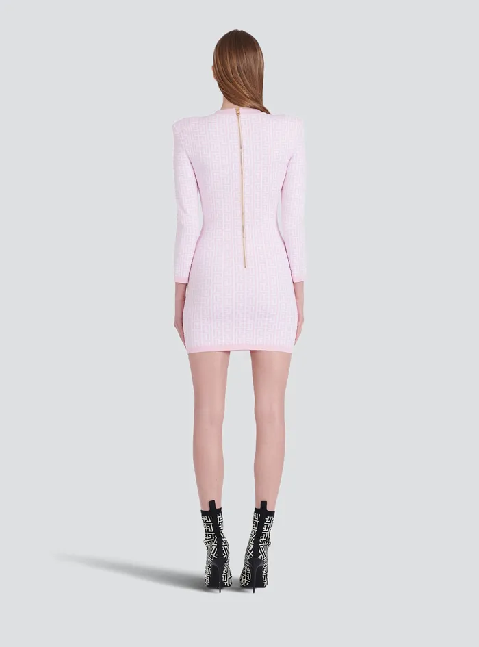 Balmain Dresses Womens Short Bicolor Jacquard Knit Dress With Balmain Monogram Pink Balmain Dresses Womens Short Bicolor Jacquard Knit Dress With Balmain Monogram Pink