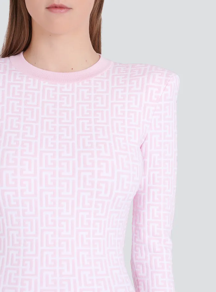 Balmain Dresses Womens Short Bicolor Jacquard Knit Dress With Balmain Monogram Pink Balmain Dresses Womens Short Bicolor Jacquard Knit Dress With Balmain Monogram Pink