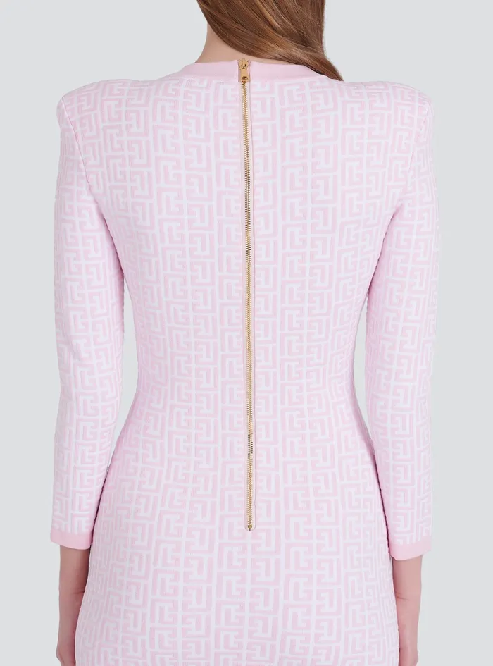 Balmain Dresses Womens Short Bicolor Jacquard Knit Dress With Balmain Monogram Pink Balmain Dresses Womens Short Bicolor Jacquard Knit Dress With Balmain Monogram Pink