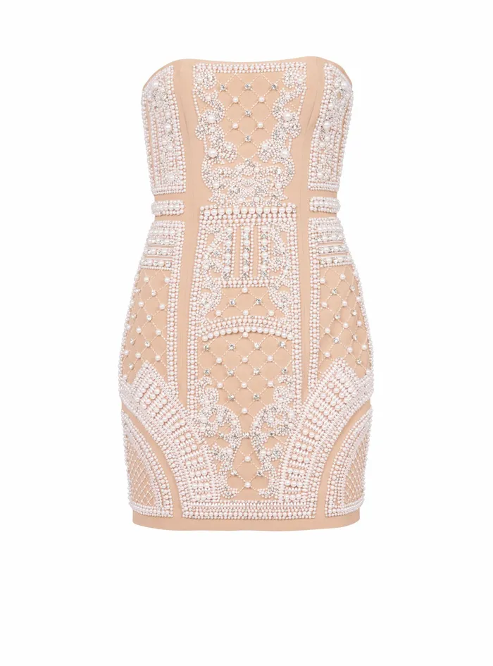 Balmain Dresses Womens Short Bustier Dress With Embrodery Beige