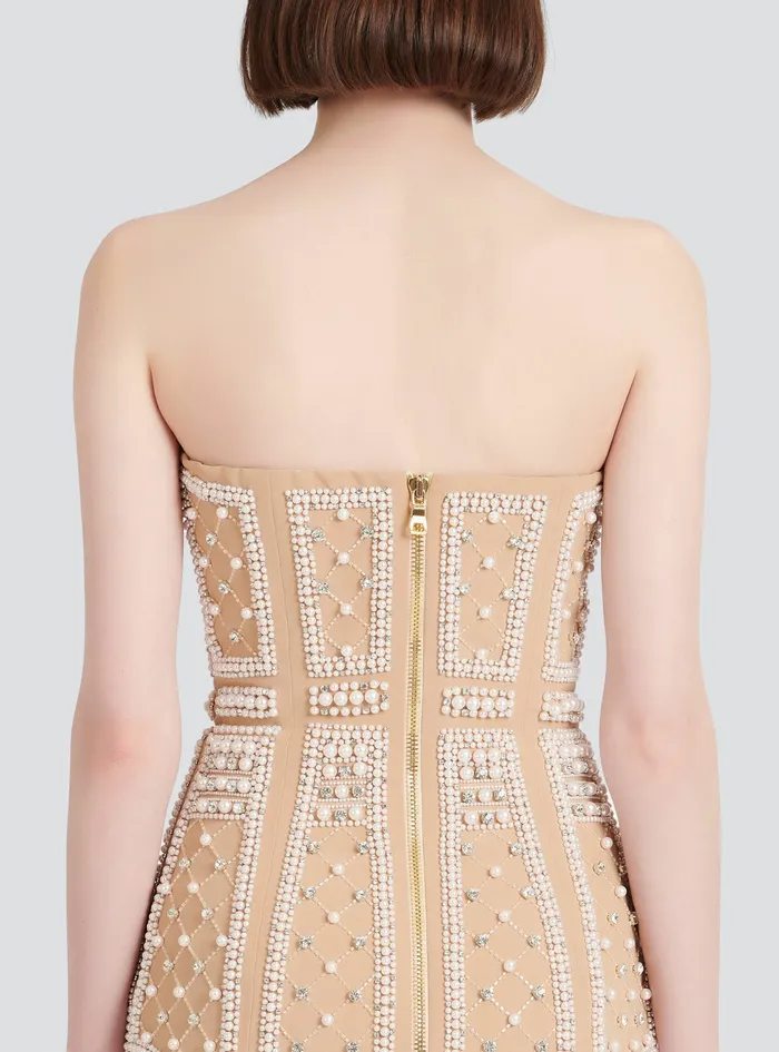 Balmain Dresses Womens Short Bustier Dress With Embrodery Beige Balmain Dresses Womens Short Bustier Dress With Embrodery Beige