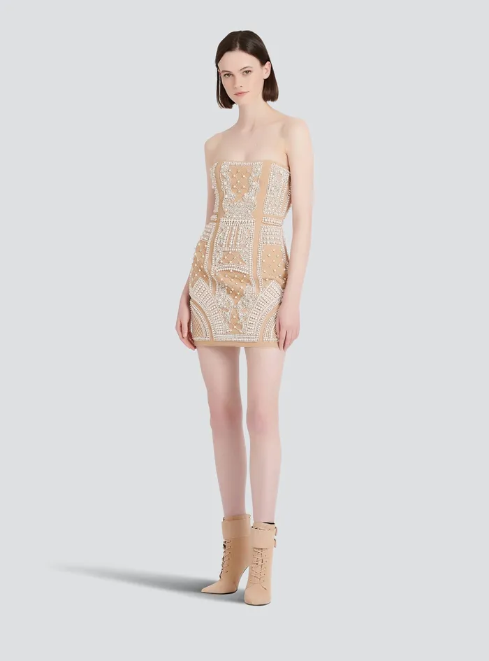 Balmain Dresses Womens Short Bustier Dress With Embrodery Beige Balmain Dresses Womens Short Bustier Dress With Embrodery Beige
