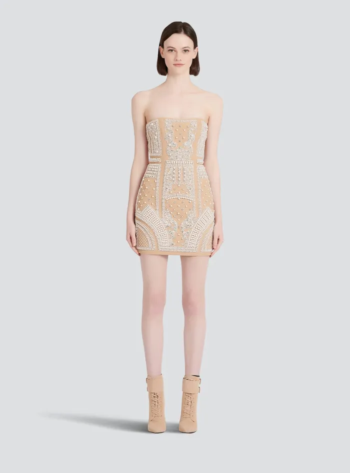 Balmain Dresses Womens Short Bustier Dress With Embrodery Beige Balmain Dresses Womens Short Bustier Dress With Embrodery Beige