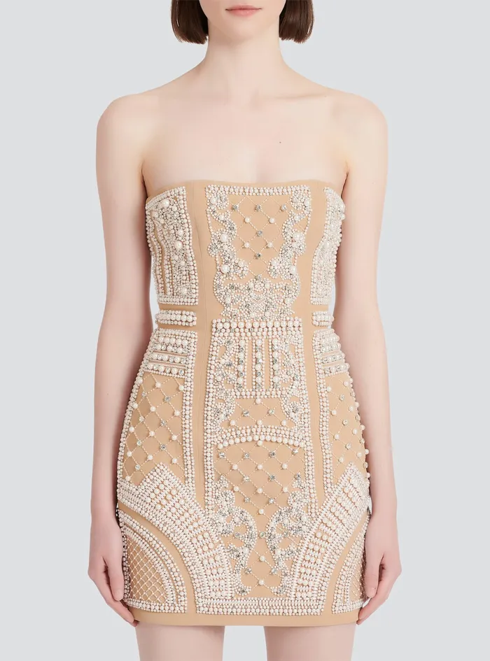Balmain Dresses Womens Short Bustier Dress With Embrodery Beige Balmain Dresses Womens Short Bustier Dress With Embrodery Beige