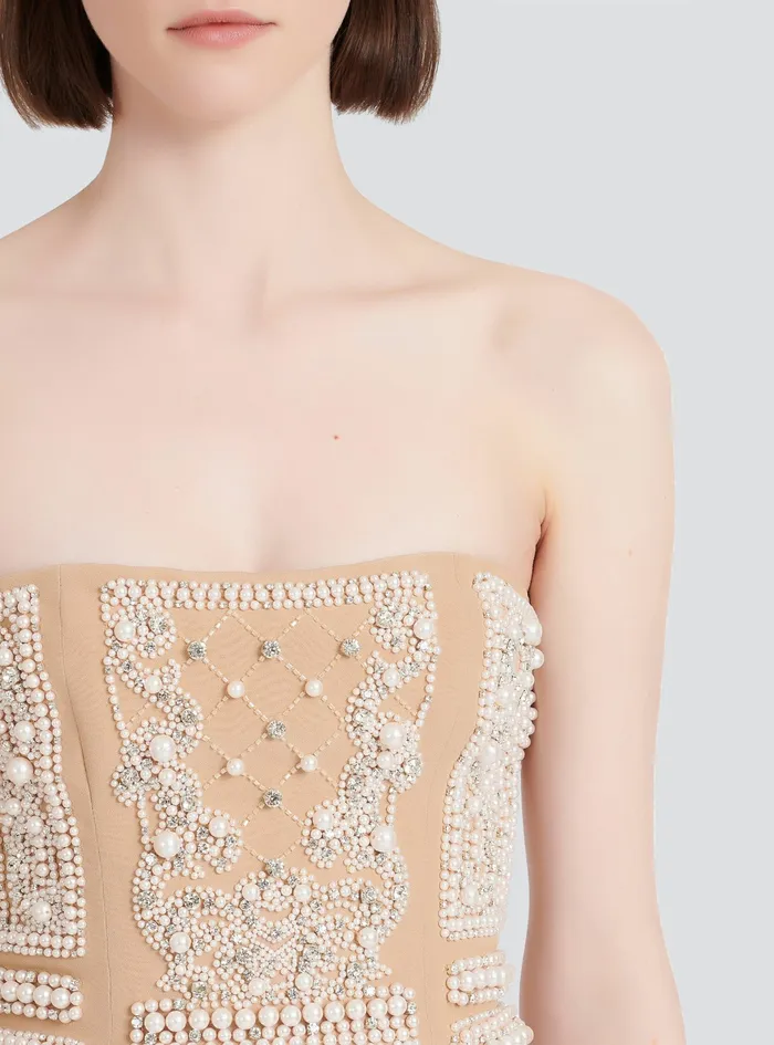 Balmain Dresses Womens Short Bustier Dress With Embrodery Beige Balmain Dresses Womens Short Bustier Dress With Embrodery Beige